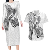 Aotearoa Moko Tribal Tattoo Couples Matching Long Sleeve Bodycon Dress and Hawaiian Shirt New Zealand Maori Penguin and Fantail White Color LT03 White - Polynesian Pride