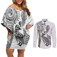 Aotearoa Moko Tribal Tattoo Couples Matching Off Shoulder Short Dress and Long Sleeve Button Shirt New Zealand Maori Penguin and Fantail White Color