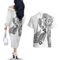 Aotearoa Moko Tribal Tattoo Couples Matching Off The Shoulder Long Sleeve Dress and Hawaiian Shirt New Zealand Maori Penguin and Fantail White Color