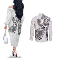 Aotearoa Moko Tribal Tattoo Couples Matching Off The Shoulder Long Sleeve Dress and Long Sleeve Button Shirt New Zealand Maori Penguin and Fantail White Color