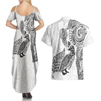 Aotearoa Moko Tribal Tattoo Couples Matching Summer Maxi Dress and Hawaiian Shirt New Zealand Maori Penguin and Fantail White Color