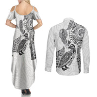 Aotearoa Moko Tribal Tattoo Couples Matching Summer Maxi Dress and Long Sleeve Button Shirt New Zealand Maori Penguin and Fantail White Color
