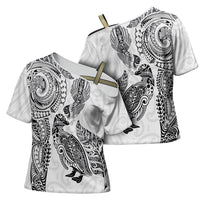 Aotearoa Moko Tribal Tattoo Cross Shoulder Shirt New Zealand Maori Penguin and Fantail White Color