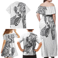 Aotearoa Moko Tribal Tattoo Family Matching Off Shoulder Maxi Dress and Hawaiian Shirt New Zealand Maori Penguin and Fantail White Color