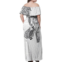 Aotearoa Moko Tribal Tattoo Family Matching Off Shoulder Maxi Dress and Hawaiian Shirt New Zealand Maori Penguin and Fantail White Color