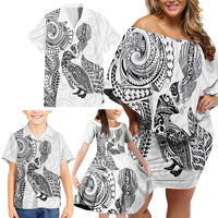 Aotearoa Moko Tribal Tattoo Family Matching Off Shoulder Short Dress and Hawaiian Shirt New Zealand Maori Penguin and Fantail White Color