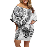 Aotearoa Moko Tribal Tattoo Family Matching Off Shoulder Short Dress and Hawaiian Shirt New Zealand Maori Penguin and Fantail White Color