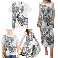 Aotearoa Moko Tribal Tattoo Family Matching Puletasi and Hawaiian Shirt New Zealand Maori Penguin and Fantail White Color