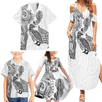 Aotearoa Moko Tribal Tattoo Family Matching Summer Maxi Dress and Hawaiian Shirt New Zealand Maori Penguin and Fantail White Color