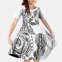 Aotearoa Moko Tribal Tattoo Family Matching Tank Maxi Dress and Hawaiian Shirt New Zealand Maori Penguin and Fantail White Color LT03 Daughter's Dress White - Polynesian Pride