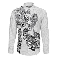 Aotearoa Moko Tribal Tattoo Family Matching Tank Maxi Dress and Hawaiian Shirt New Zealand Maori Penguin and Fantail White Color LT03 Dad's Shirt - Long Sleeve White - Polynesian Pride