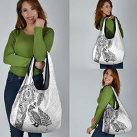Aotearoa Moko Tribal Tattoo Grocery Bag New Zealand Maori Penguin and Fantail White Color