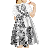 Aotearoa Moko Tribal Tattoo Kid Short Sleeve Dress New Zealand Maori Penguin and Fantail White Color