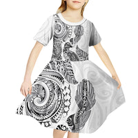 Aotearoa Moko Tribal Tattoo Kid Short Sleeve Dress New Zealand Maori Penguin and Fantail White Color