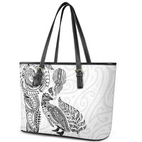 Aotearoa Moko Tribal Tattoo Leather Tote Bag New Zealand Maori Penguin and Fantail White Color