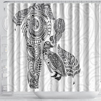 Aotearoa Moko Tribal Tattoo Shower Curtain New Zealand Maori Penguin and Fantail White Color