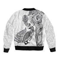 Aotearoa Moko Tribal Tattoo Sleeve Zip Bomber Jacket New Zealand Maori Penguin and Fantail White Color