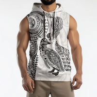 Aotearoa Moko Tribal Tattoo Sleeveless Hoodie New Zealand Maori Penguin and Fantail White Color