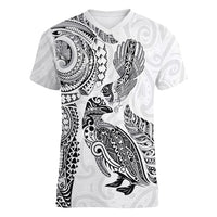 Aotearoa Moko Tribal Tattoo Women V-Neck T-Shirt New Zealand Maori Penguin and Fantail White Color