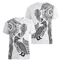 Aotearoa Moko Tribal Tattoo Women V-Neck T-Shirt New Zealand Maori Penguin and Fantail White Color