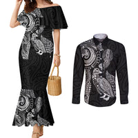Aotearoa Moko Tribal Tattoo Couples Matching Mermaid Dress and Long Sleeve Button Shirt New Zealand Maori Penguin and Fantail Black Color LT03 Black - Polynesian Pride