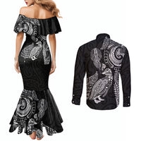 Aotearoa Moko Tribal Tattoo Couples Matching Mermaid Dress and Long Sleeve Button Shirt New Zealand Maori Penguin and Fantail Black Color LT03 - Polynesian Pride