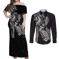 Aotearoa Moko Tribal Tattoo Couples Matching Off Shoulder Maxi Dress and Long Sleeve Button Shirt New Zealand Maori Penguin and Fantail Black Color