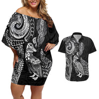 Aotearoa Moko Tribal Tattoo Couples Matching Off Shoulder Short Dress and Hawaiian Shirt New Zealand Maori Penguin and Fantail Black Color