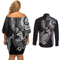Aotearoa Moko Tribal Tattoo Couples Matching Off Shoulder Short Dress and Long Sleeve Button Shirt New Zealand Maori Penguin and Fantail Black Color