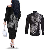 Aotearoa Moko Tribal Tattoo Couples Matching Off The Shoulder Long Sleeve Dress and Long Sleeve Button Shirt New Zealand Maori Penguin and Fantail Black Color