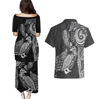 Aotearoa Moko Tribal Tattoo Couples Matching Puletasi and Hawaiian Shirt New Zealand Maori Penguin and Fantail Black Color LT03 - Polynesian Pride