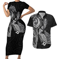 Aotearoa Moko Tribal Tattoo Couples Matching Short Sleeve Bodycon Dress and Hawaiian Shirt New Zealand Maori Penguin and Fantail Black Color LT03 Black - Polynesian Pride