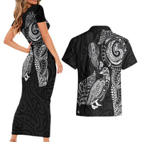 Aotearoa Moko Tribal Tattoo Couples Matching Short Sleeve Bodycon Dress and Hawaiian Shirt New Zealand Maori Penguin and Fantail Black Color LT03 - Polynesian Pride