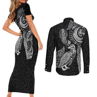 Aotearoa Moko Tribal Tattoo Couples Matching Short Sleeve Bodycon Dress and Long Sleeve Button Shirt New Zealand Maori Penguin and Fantail Black Color