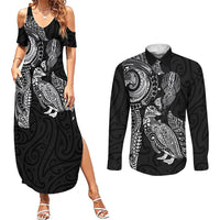 Aotearoa Moko Tribal Tattoo Couples Matching Summer Maxi Dress and Long Sleeve Button Shirt New Zealand Maori Penguin and Fantail Black Color LT03 Black - Polynesian Pride