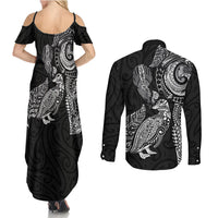 Aotearoa Moko Tribal Tattoo Couples Matching Summer Maxi Dress and Long Sleeve Button Shirt New Zealand Maori Penguin and Fantail Black Color LT03 - Polynesian Pride