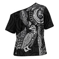 Aotearoa Moko Tribal Tattoo Cross Shoulder Shirt New Zealand Maori Penguin and Fantail Black Color