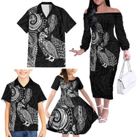 Aotearoa Moko Tribal Tattoo Family Matching Off The Shoulder Long Sleeve Dress and Hawaiian Shirt New Zealand Maori Penguin and Fantail Black Color