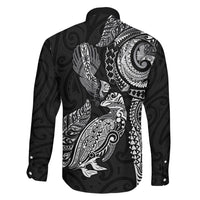 Aotearoa Moko Tribal Tattoo Family Matching Off Shoulder Short Dress and Hawaiian Shirt New Zealand Maori Penguin and Fantail Black Color