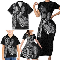 Aotearoa Moko Tribal Tattoo Family Matching Short Sleeve Bodycon Dress and Hawaiian Shirt New Zealand Maori Penguin and Fantail Black Color