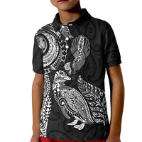 Aotearoa Moko Tribal Tattoo Kid Polo Shirt New Zealand Maori Penguin and Fantail Black Color