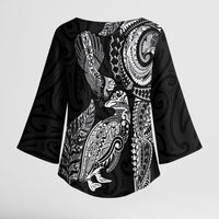 Aotearoa Moko Tribal Tattoo Kimono Sleeve Blouse New Zealand Maori Penguin and Fantail Black Color