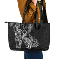 Aotearoa Moko Tribal Tattoo Leather Tote Bag New Zealand Maori Penguin and Fantail Black Color