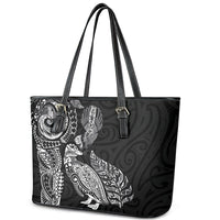 Aotearoa Moko Tribal Tattoo Leather Tote Bag New Zealand Maori Penguin and Fantail Black Color