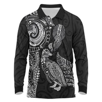 Aotearoa Moko Tribal Tattoo Long Sleeve Polo Shirt New Zealand Maori Penguin and Fantail Black Color