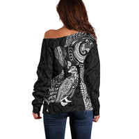 Aotearoa Moko Tribal Tattoo Off Shoulder Sweater New Zealand Maori Penguin and Fantail Black Color