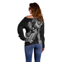 Aotearoa Moko Tribal Tattoo Off Shoulder Sweater New Zealand Maori Penguin and Fantail Black Color
