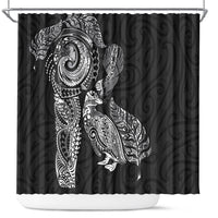 Aotearoa Moko Tribal Tattoo Shower Curtain New Zealand Maori Penguin and Fantail Black Color