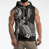 Aotearoa Moko Tribal Tattoo Sleeveless Hoodie New Zealand Maori Penguin and Fantail Black Color