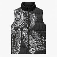 Aotearoa Moko Tribal Tattoo Sleeveless Puffer Jacket New Zealand Maori Penguin and Fantail Black Color